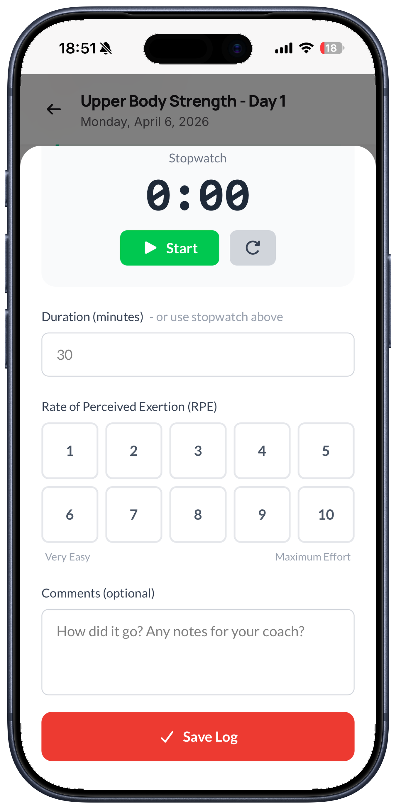 Workout logging screen