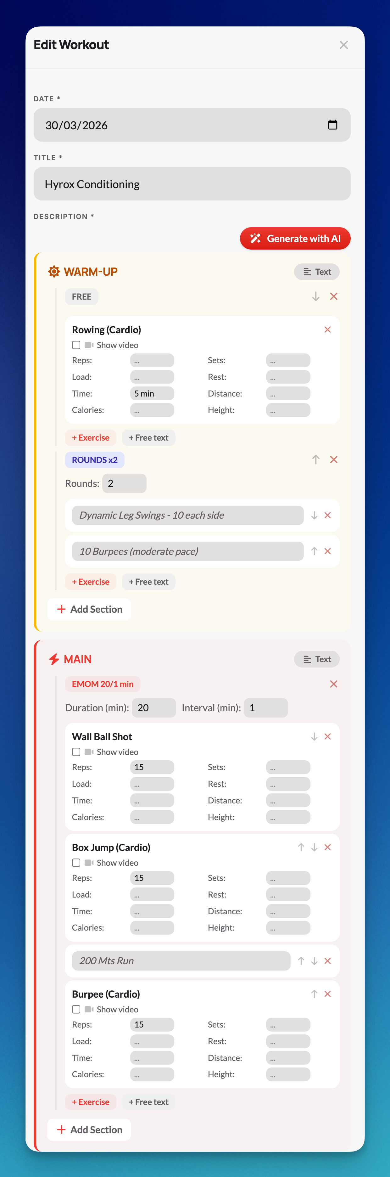 Workout builder interface