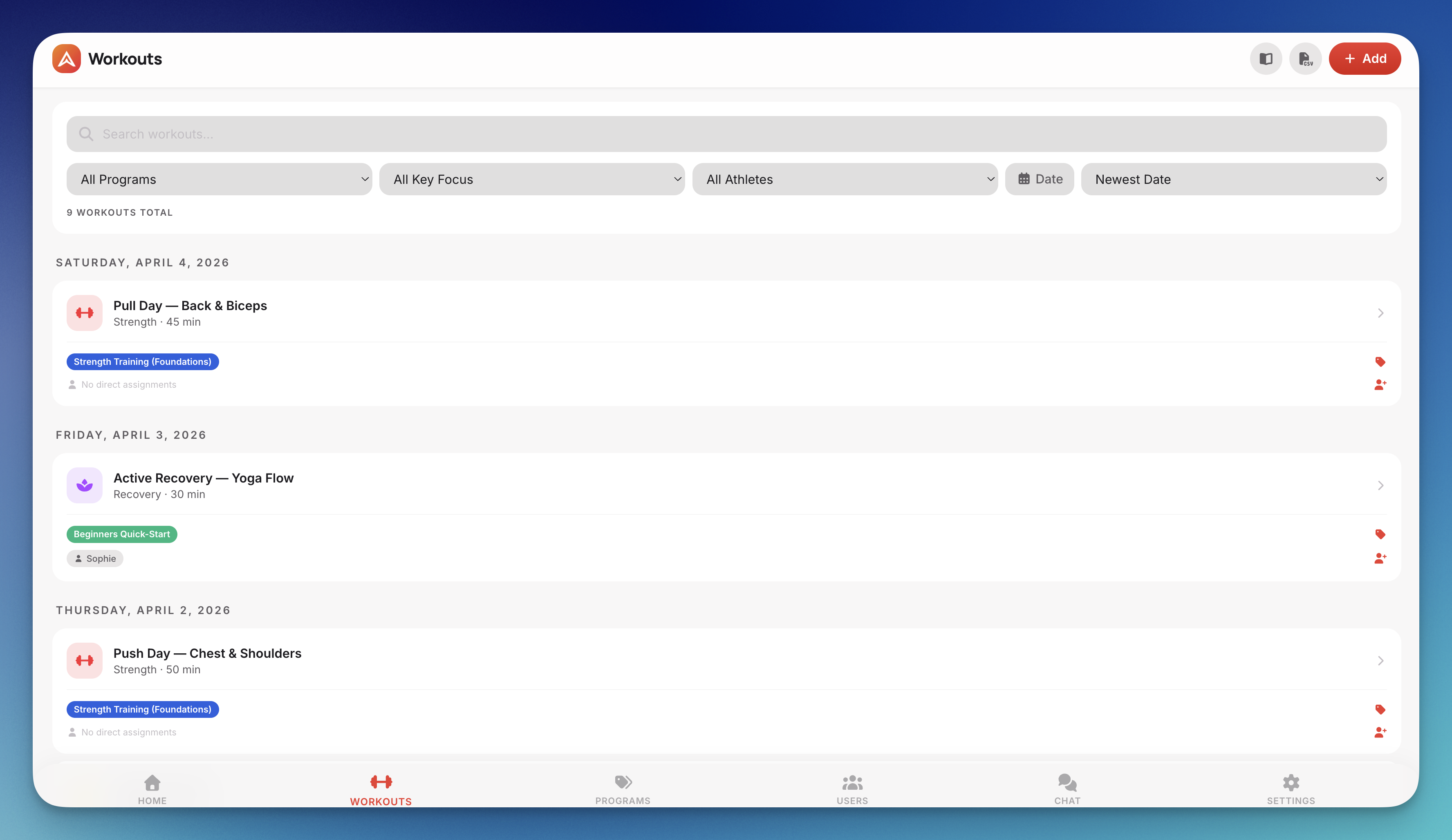 Workout list with filters