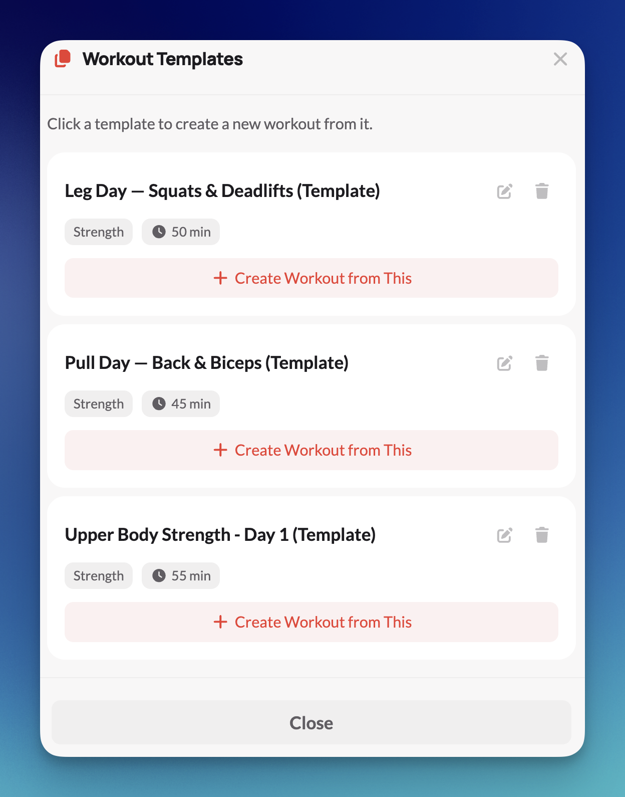 Workout templates
