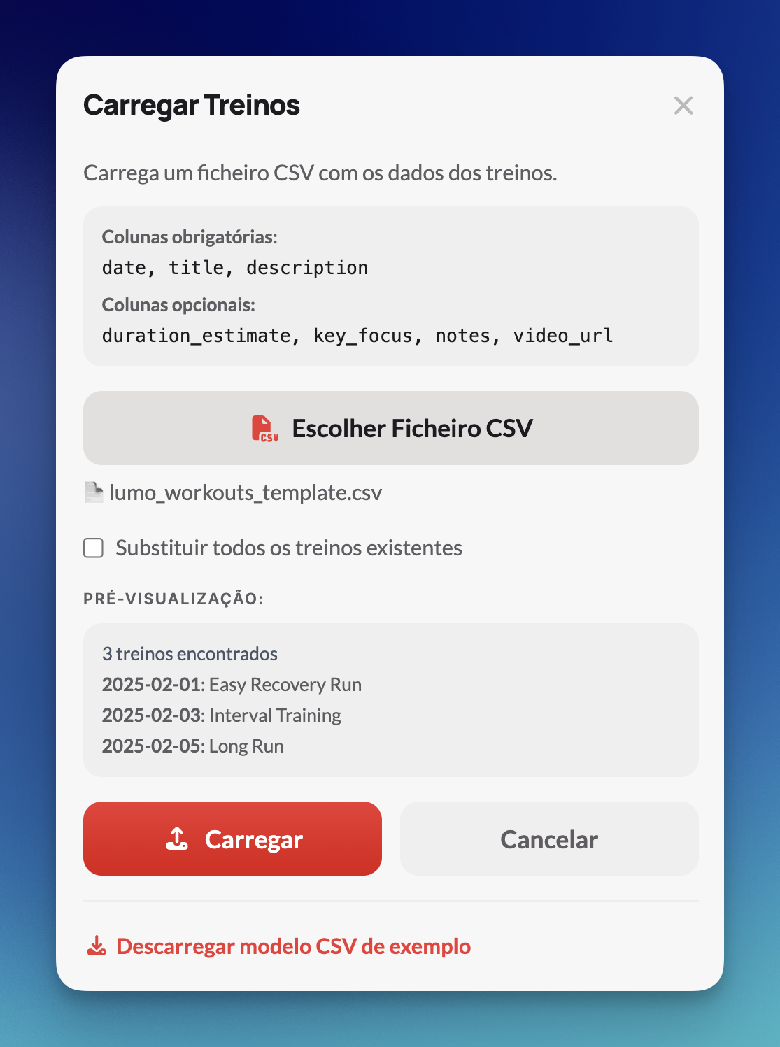 Carregamento de Treinos